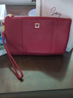 Lodis Red Leather Wristlet with Gold Square Logo